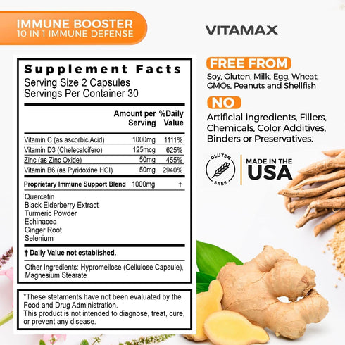 10-in-1 Immune System Support Booster - Elderberry, D3, Selenium, Quercetin, Zinc, Vitamin C & More - 60 Count