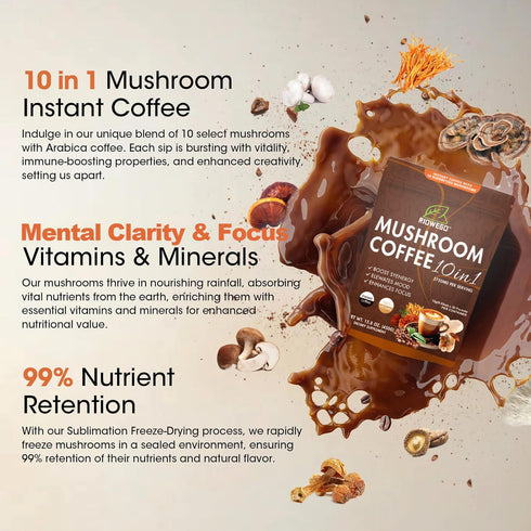 RIOWEGO Powder,10-in-1 Immunity, Focus-30 Mushroom Coffee Mushroom Superfood Adaptogen Mix-Organic Lion's Mane, Chaga