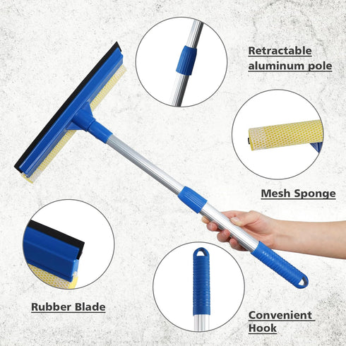 Professional Window Squeegee, 2 in 1 Cleaner with Long Stainless Steel Handle for Glass, Shower, and Outdoor Cleaning