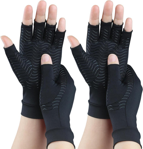 2 Pairs Copper Arthritis Gloves for Carpal Tunnel Pain Relief, Fingerless Compression Gloves for Women & Men (Large)