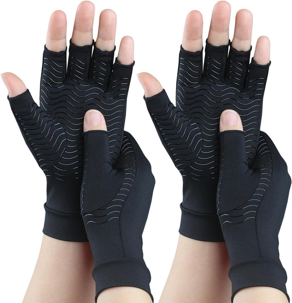 2 Pairs Copper Arthritis Gloves for Carpal Tunnel Pain Relief, Fingerless Compression Gloves for Women & Men (Large)