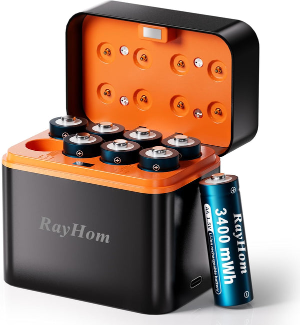 RayHom 8-Pack Rechargeable Lithium aa Batteries with Charger, 1.5V Constant Output, 3400mWh High