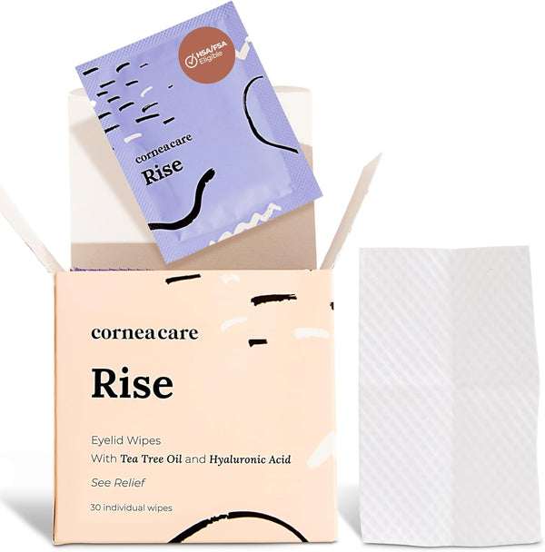 Rise Eyelid Wipes with Tea Tree Oil & Hyaluronic Acid | Dry Eye Relief | Travel Ready | 30 Count | FSA & HSA Eligible