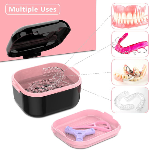 BVN Denture Bath Case, Retainer Cleaner with Mirror, Mouth Guard and Aligner Holder, Black for False Teeth