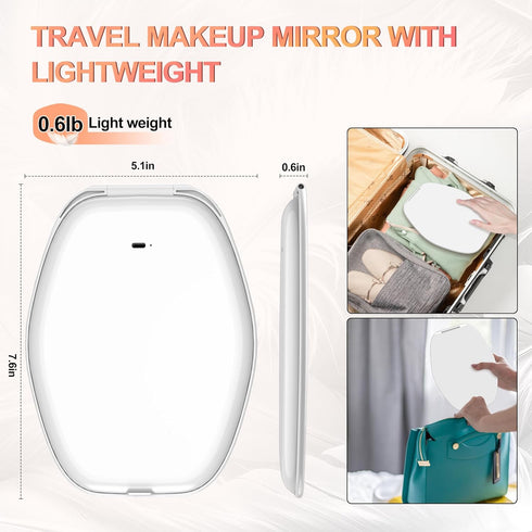 Travel Makeup Mirror with Light, 3 Color Lighting Portable Mirror, Touch Screen Rechargeable LED Lights Vanity - White