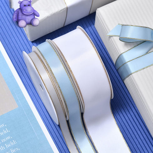 VIVIQUEN White Double Faced Satin Ribbon with Gold Edge, 1” x 25 Yards for Gift Wrapping & Floral Arrangement