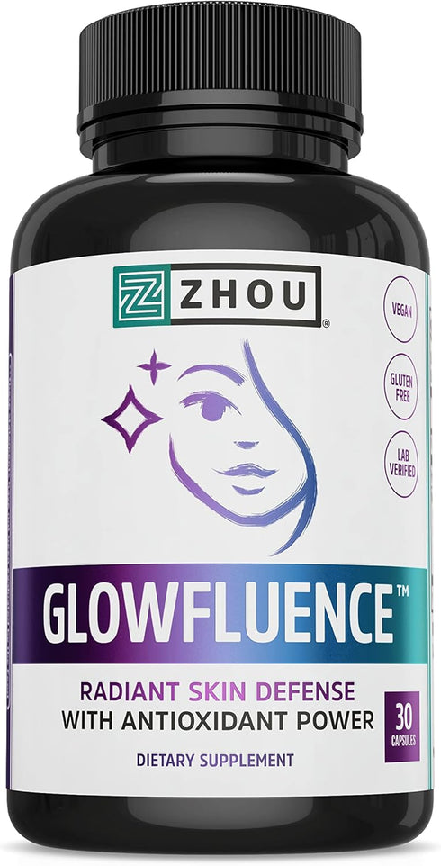 Zhou Glowfluence Hyaluronic Acid Supplement, 30 Veg Caps with Vitamin C & Antioxidants for Youthful Radiant Skin