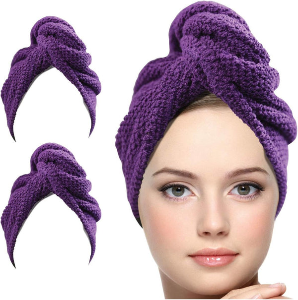 KEEPOZ Hair Towel Wrap - Quick Dry 100% Cotton Super Absorbent Turban Head Wrap for Women (Purple Check, 2 Pcs)