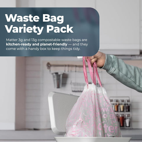 Pack 3 13 70 Count Matter Compostable Variety Gallon and Gallon Kitchen Trash Bags with Drawstring, Unscented, Durable