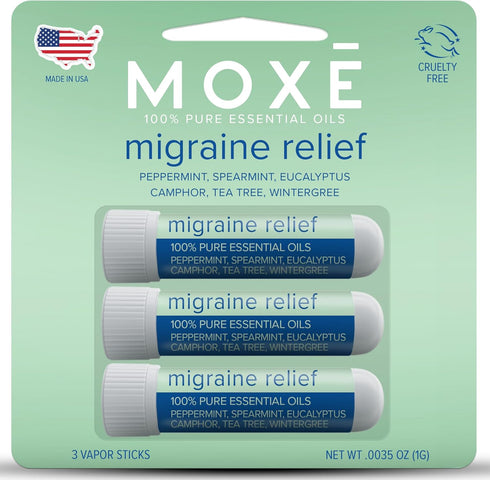 MOXE Migraine Relief Nasal Inhalers, Portable Aromatherapy Essential Oils for Headaches, 3 Pack, USA Made, Pure