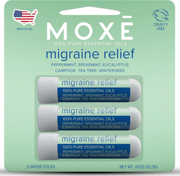 MOXE Migraine Relief Nasal Inhalers, Portable Aromatherapy Essential Oils for Headaches, 3 Pack, USA Made, Pure