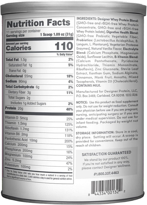 Designer Wellness 100% Whey Protein Powder, Natural French Vanilla, 12 oz, Probiotics, Fiber, Gluten-free, Non-GMO,