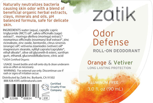 Zatik Naturals Odor Defense Roll-on Deodorant, Orange and Vetiver, Vegan, pH Balanced, 3.0 oz