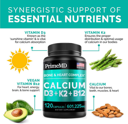 PrimeMD 4-in-1 Calcium Supplements 600mg with Vitamin D3 K2 B12 for Heart & Bone Health, 120 Count