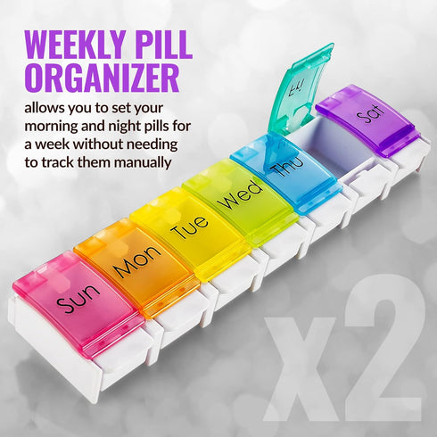 Weekly Pill Organizer, Pack of 2, Colorful 7-Day Easy Push Button Assisted Open for Seniors, BPA Free Daily Travel Pill
