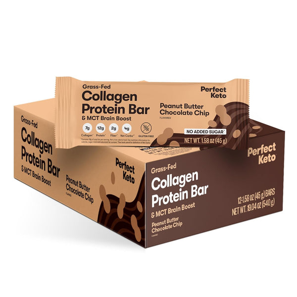 Perfect Keto Collagen Protein Bar - Gluten Free, Low Carb, 13g Protein, Peanut Butter Chocolate Chip (12 Bars)