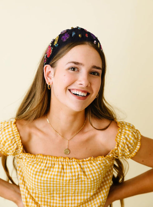 Teacher Headband Accessories, Colorful Rhinestone Crystal Jeweled Black Wide Top Knot Headband