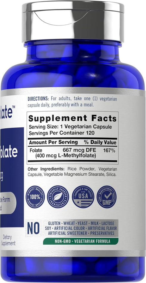 Carlyle L Methylfolate 400mcg | 120 Capsules | Vegetarian | Non-GMO, Gluten Free | Optimized and Activated Methyl Folate | by Opti-Folate