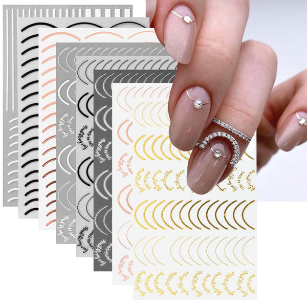 Line Nail Art Stickers, 3D Curved Lines Decals, Gold Silver Black Adhesive Tapes for French Nail Design, 8 Sheets