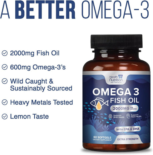Omega 3 Fish Oil Triple Strength 2000 mg Softgels | 60 Fish Oil Softgels | Natural Brain Heart Joint Health & Immune