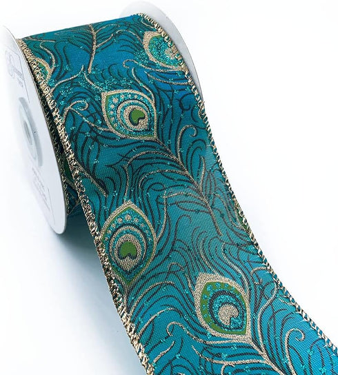 WR 63-5083 Wired Edge Ribbon, Peacock Green/Gold, 2-1/2" x 10 Yard for Gift Wrapping, Crafting, Home Décor