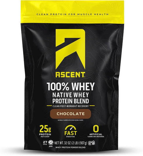 Ascent 100% Whey Protein Powder - Post Workout Whey Protein Isolate, Gluten Free, Chocolate, 2 lb