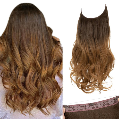 SARLA Ombre Invisible Wire Hair Extensions - 14 Inch Short Synthetic Wavy Curly Hairpiece for Women