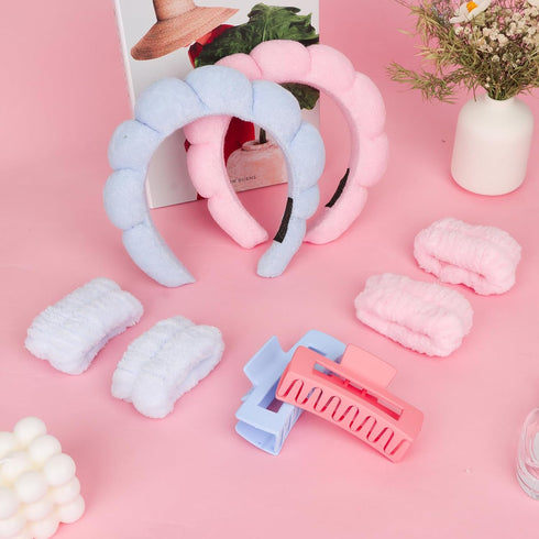 Wecoe Pink Blue Spa Headband and Wristband Set, Skincare Headband for Washing Face, Hair Claw Clips for Thick Hair