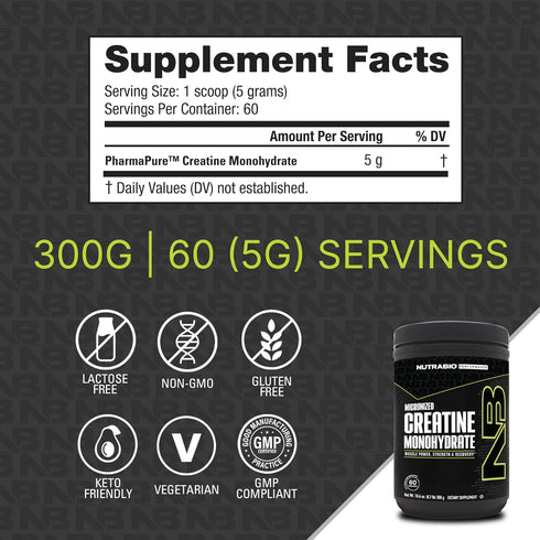 NutraBio Pure Creatine Monohydrate Powder Supplement - Unflavored (300 g) for Muscle Energy