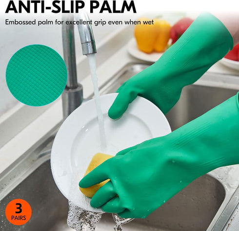 Vgo... 3-Pairs Reusable Household Gloves, Rubber Dishwashing Gloves, Extra Thickness, Long Sleeves for Cleaning and