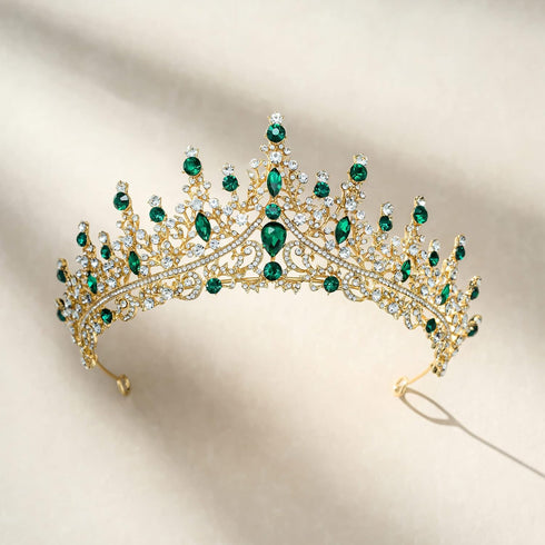 SWEETV Green Gold Tiara Crown - Crystal Hair Accessories for Women & Girls, Queen Crown for Quinceanera, Prom