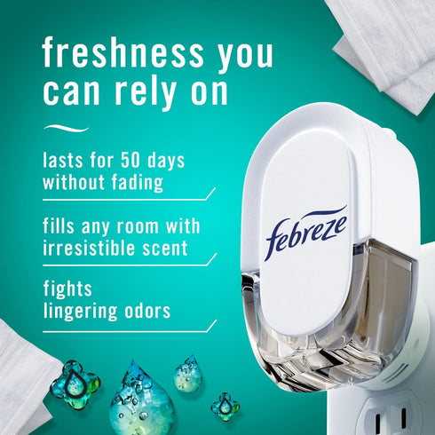 Febreze Air Freshener Plug In, Wall Diffuser, Plug in Air Fresheners for home, Unstopables Fresh Scent, Odor Fighter for Strong Odors, 1 Warmer + 2 Oil Refills