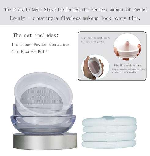 Powder Puff Reusable Empty Makeup Container with Elasticated Net Sifter for Setting Powder and Daily Use