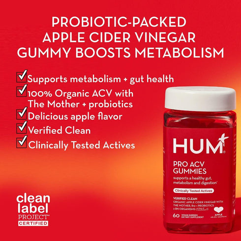 HUM Pro ACV Gummies - 100% Organic Apple Cider Vinegar with The Mother, Probiotics & B12 for Digestive Health