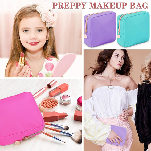 Hushee 4 Pcs Nylon Makeup Bag Christmas Gifts, Preppy Zipper Pouch, Waterproof Storage Bag for Women Girls Organizer