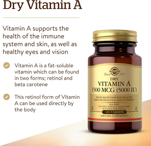 Solgar Dry Vitamin A 1500 mcg (5000 IU), 100 Tablets, Non-GMO, Vegan for Healthy Eyes, Skin & Immune System