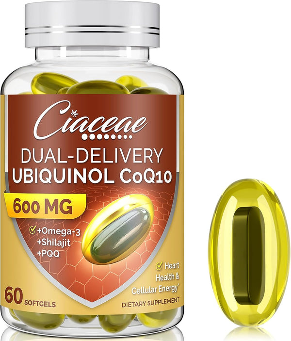 Ubiquinol CoQ10 600 MG Softgels with Omega-3, Shilajit & PQQ, Advanced Dual-Delivery Supplement for Antioxidant & Heart