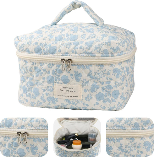 Cute Makeup Bag for Women, 2 Pcs Travel Cosmetic Bags, Quilted Aesthetic Floral Organizer (Navy Blue Flower)