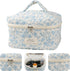 Cute Makeup Bag for Women, 2 Pcs Travel Cosmetic Bags, Quilted Aesthetic Floral Organizer (Navy Blue Flower)