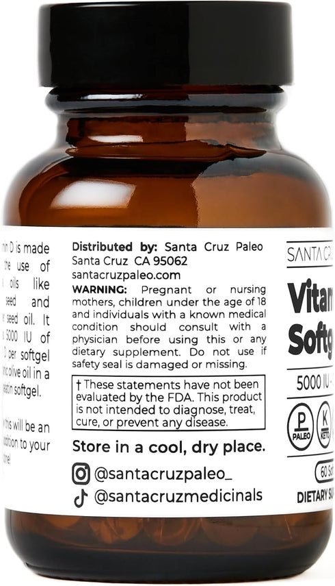 Santa Cruz Paleo Vitamin D Supplement - 5000 i.u. Per Softgel, 60 Softgels, Gluten Free, Immune Support
