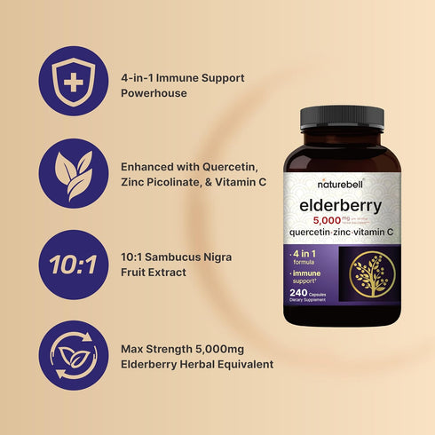 NatureBell Sambucus Elderberry Capsules - 5000mg with Quercetin, Vitamin C and Zinc, 240 Count Immune Support