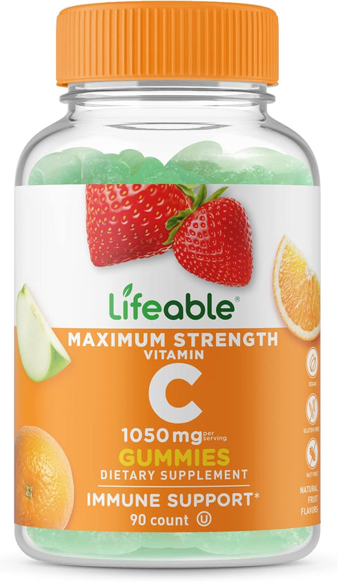 Lifeable Vitamin C - Natural Flavor Gummy Supplement, 90 Gummies (1050 mg) for Immune Support