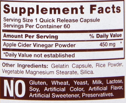 Sundance 450 60 Pack 5 Apple Cider Vinegar mg - Quick Release Capsules