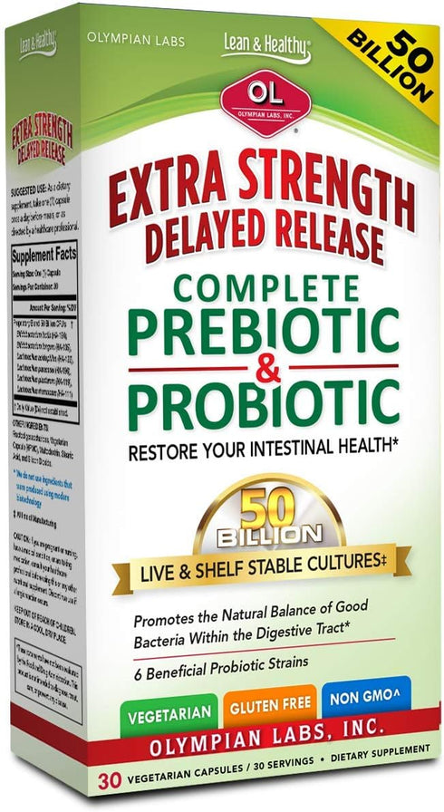 Olympian Labs Extra Strength Prebiotic and Probiotic Supplement, 50 Billion Live Cultures, 30 Vegetarian Capsules