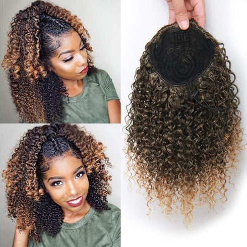 Short Afro Kinky Curly Ponytail Hair Piece - Synthetic Afro Kinky Curly Ponytail Extension for Women (Mix