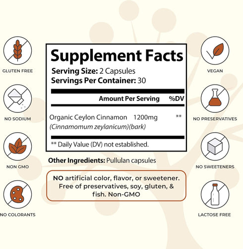 Ceylon Cinnamon Supplement - Certified Organic - Non-GMO - Gluten Free - Supports Healthy Metabolism - Antioxidant Benefits - 60 Vegan Capsules