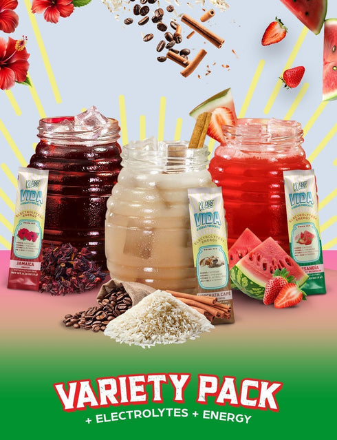 Pack KLASS VIDA Hydration + Energy Electrolyte Drink Mix Variety with Hibiscus, Coffee Horchata & Strawberry