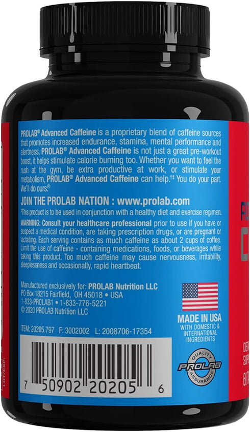 ProLab Nutrition Advanced Caffeine 200mg, Fast-Acting Natural Caffeine Tablets with Green Tea Extract, Clean Energy,