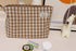 Khaki Gingham Cotton Makeup Bag: Cosmetic Travel Pouch with Zipper Closure and Bottom Organizer