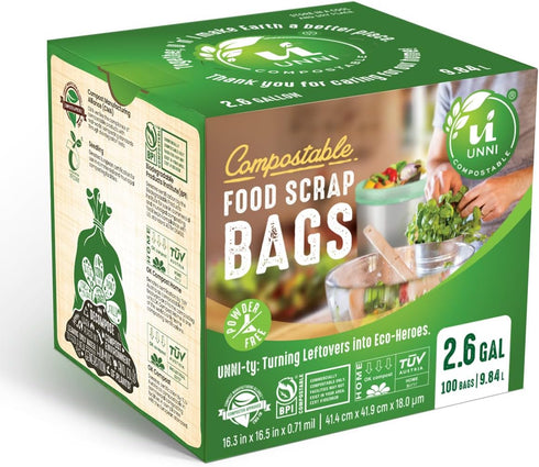 UNNI Compostable Liner Bags, 2.6 Gallon, 9.84 Liter, 200 Count, Extra Thick 0.71 Mil, Small Kitchen Food Scrap Waste Bags, ASTM D6400, US BPI, CMA and Europe OK Compost Home Certified, San Francisco by UNNI